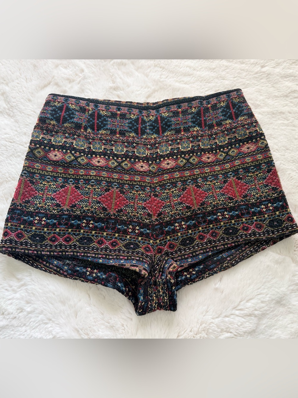 UO Ecoté High-Rise Jacquard Knit Vibrant Multicolor Geometric Tapestry Shorts